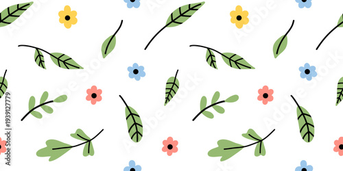 Vector seamless pattern with cute green leaf branch and tiny colorful flower on white background. Playful kawaii spring botanical print for fabric, wallpaper, wrapping paper, childish design.