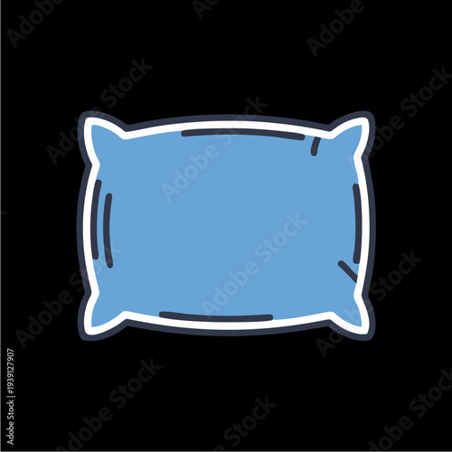 A simple cartoon illustration of a soft blue pillow with a dark outline and white border, resting on a black background.