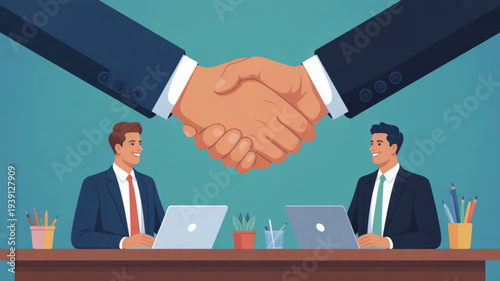 Two business professionals shaking hands over a meeting table with laptops and office supplies in a professional setting