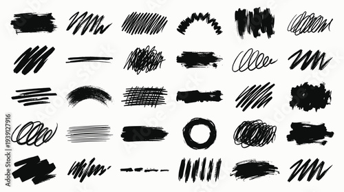 Abstract brush stroke elements set, expressive ink marks collection, bold black scribbles, dynamic swirls, wavy lines, textured smudges, and geometric shapes