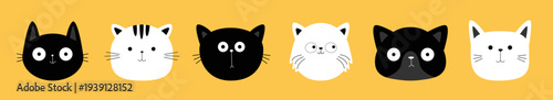 Cute black and white peeking cat icon set line. Funny Kitten, kitty face. Different breeds, patterns, colors, emotions. Cartoon kawaii character. Sticker print. Flat design. Yellow background. Vector