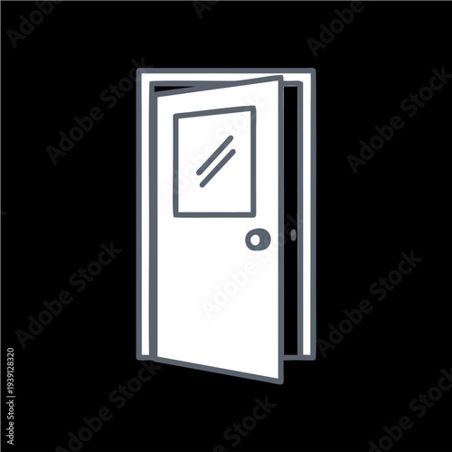 Simple line art illustration of a white door slightly ajar with a window and doorknob on a black background.