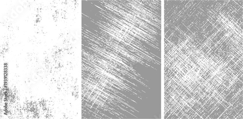 Three abstract grey and white textured backgrounds with distressed grunge patterns and scattered speckles