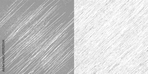 Two contrasting textured backgrounds with diagonal white and grey lines and speckles abstract pattern