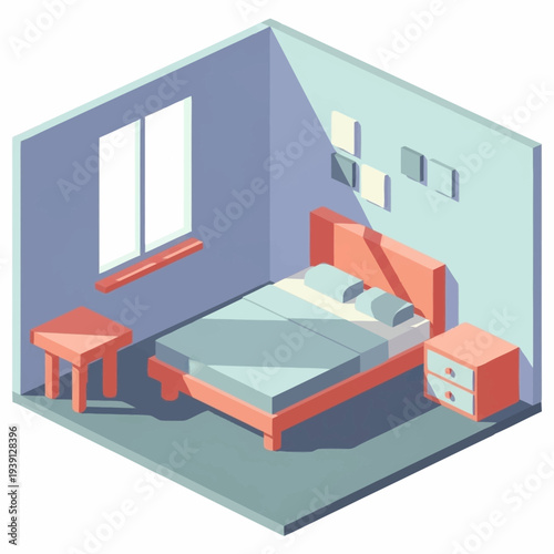 Isometric bedroom with bed and furniture in minimalist style.