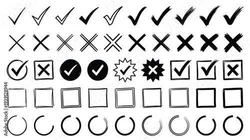 Checklist doodle set with checkmarks, crosses, boxes, stars, circles, and frames