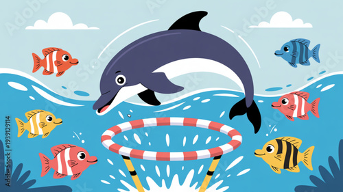 Dolphin jumping through inflatable ring surrounded by colorful fish in ocean with cloudy sky and seaweed in background