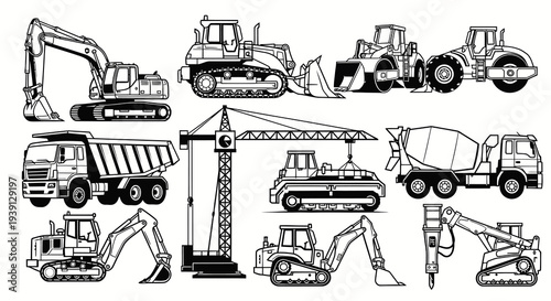 Heavy Duty Construction Vehicles and Machinery Vector Set