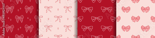Vector cute seamless pattern collection with whimsical coquette ribbon bows on pink, red backgrounds. Charming pretty girly bow prints with outline doodles, sparkles for holiday gift wrap, textile.