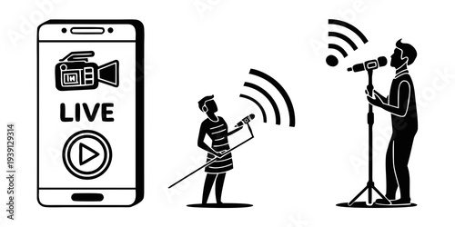 Mobile Live Streaming Broadcast Icon Set  Flat Sil (3) SVG Vector Illustration