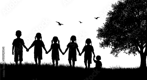 Children holding hands in silhouette against a backdrop of grass, a tree, and flying birds