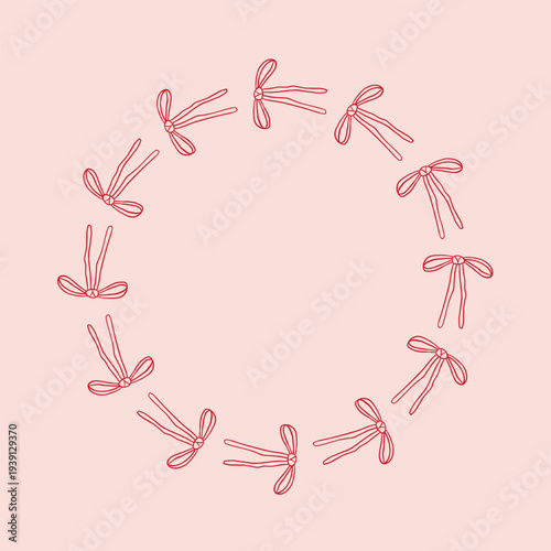Vector illustration of whimsical skinny ribbon bow wreath forming delicate circle frame in coquette style. Charming girly border with bows for feminine branding, logo, invitation, social media design.