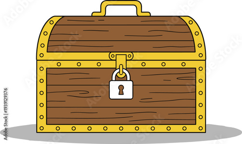 "Vector illustration of a closed treasure chest with golden frame, wooden panels, padlock detail, adventure theme, perfect for fantasy, pirate lore, mystery, and hidden valuables design projects"