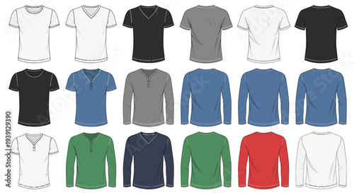 Collection of diverse men's casual t-shirts and long-sleeve shirts in various styles and colors for apparel design mockups and template use, ideal for fashion branding and product display