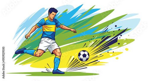 Dynamic male soccer player striking a football with powerful energy and vibrant motion lines, capturing the intense action of the game in a lively illustration