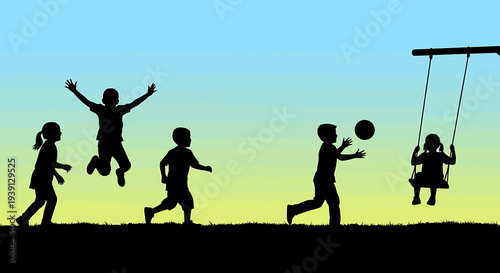 Children playing outdoors on a sunny day, silhouettes of kids having fun with a ball and a swing set against a bright sky