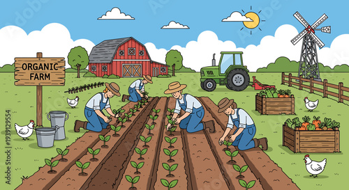 Organic farm scene with workers tending to crops, tractors, and farm buildings under a sunny sky