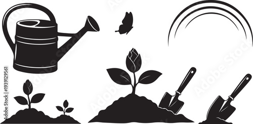 Gardening tools and plants in a simple black silhouette