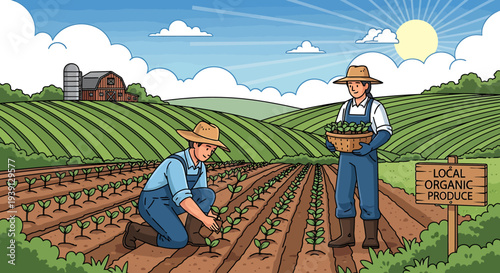 Farmers cultivating fresh local organic produce in fertile fields under a bright sun, embodying sustainable agriculture, healthy food, and a vibrant farm lifestyle