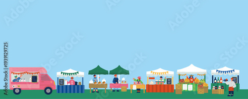 マルシェイベント風景 人々で賑わう屋外マーケットのイラスト