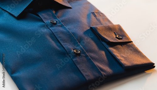 Folded blue dress shirt with buttoned cuff and placket detail for formal occasions