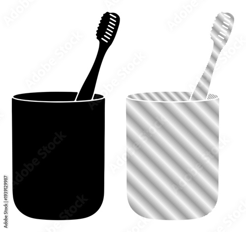 Two toothbrushes in cups, one black silhouette and one silver gradient, on a white background.