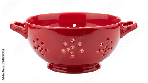 Vibrant red ceramic colander with handles on transparent background for kitchen use