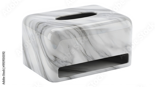 Marble tissue box holder on transparent background with gray and white swirls