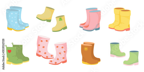 Rubber Boots Illustrations Set. Colorful Wellies Collection. Rain Boots Icons. Hand drawn footwear