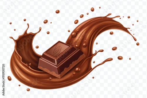 abstract 3d chocolate bar into liquid chocolate splash with bubbles in curve style isolated on transparent background