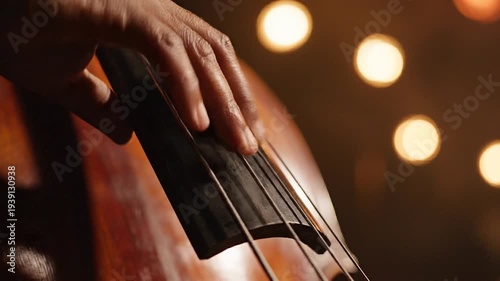 A hand playing the double bass strings with fingers close-up in a dimly lit concert hall atmosphere