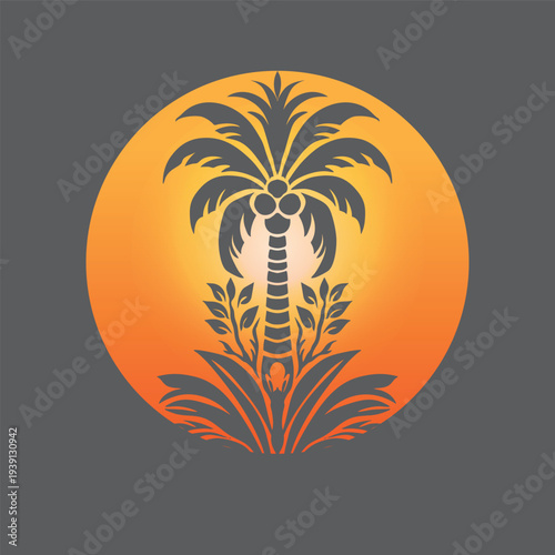 stylized silhouette of a palm tree with sunset