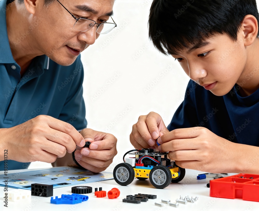 Fototapeta premium Man and Boy Building Robot Together with Pieces on Table, high resolution professional stock image with cinematic lighting balanced composition and versatile commercial usability suitable f siyam
