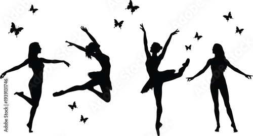 Ballet dancer silhouettes, graceful dance poses, butterfly art, elegant movement, performing arts illustration, feminine figure, artistic design, choreography, stage performance, beauty
