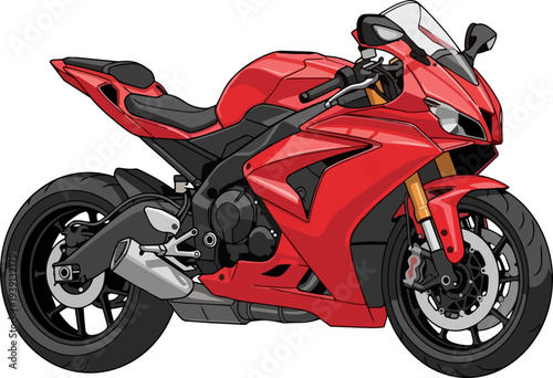 A red sports motorcycle is viewed from the side, showcasing its sleek design and vibrant color.