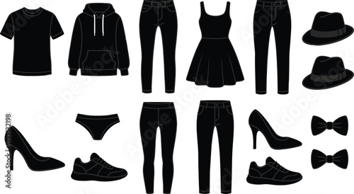 Clothing silhouettes, fashion accessories, t-shirt, hoodie, jeans, dress, fedora hat, shoes, bow ties, underwear, leggings, stylish wardrobe, apparel icons