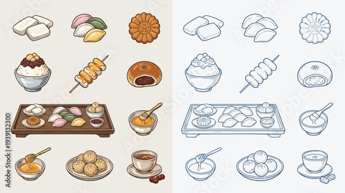 A colorful and detailed illustration showcasing a variety of traditional Korean desserts and snacks, presented in two distinct styles.