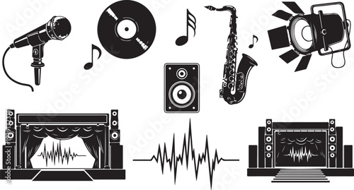 Music equipment and instruments in black and white illustration