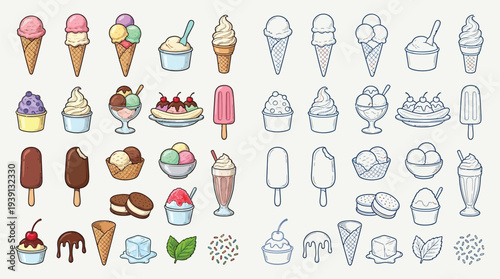 A colorful collection of various ice cream desserts, including cones, cups, popsicles, and sundaes, presented in a grid layout.