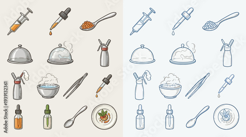 A collection of scientific and culinary tools and equipment, presented in two color schemes.