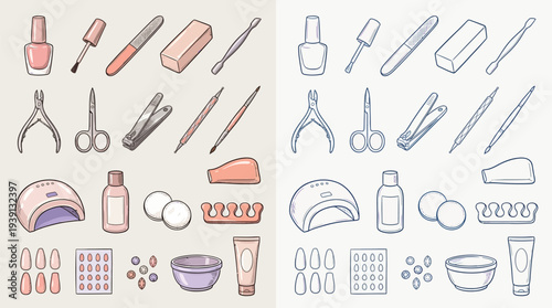 A collection of nail care tools and accessories, presented in two color palettes for comparison.