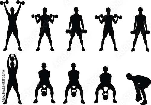 Weightlifting silhouettes, dumbbell exercises, kettlebell training, fitness workout poses, strength training illustration, bodybuilding art, gym workout design, athletic figure, exercise icons, health