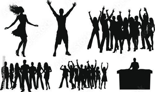 Dancing silhouettes, celebrating people, cheering crowd, speaker at podium, expressive human poses, group celebration, social gathering, joyful figures, performance art, presentation scene