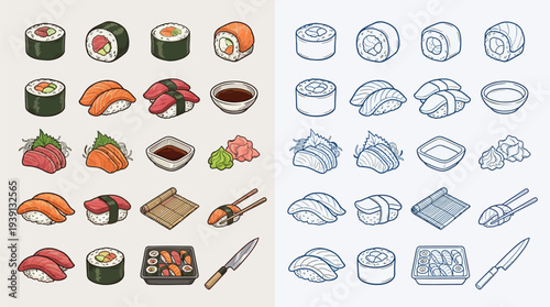 A comprehensive collection of various sushi and Japanese food items, presented in both colorful illustrations and detailed line art.