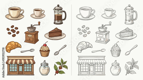 Collection of coffee shop elements including cups, pastries, coffee grinder, and store facade in both color and outline versions.