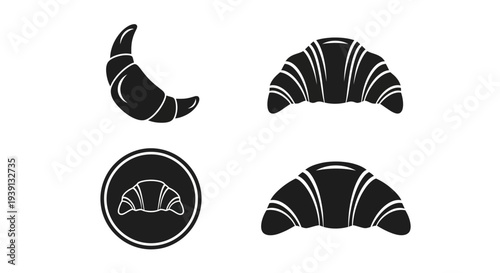 Minimal croissant silhouette vector set featuring 4 pastry branding variations including classic croissant shape, layered croissant design, circular badge emblem, and elegant side view pastry silhouet