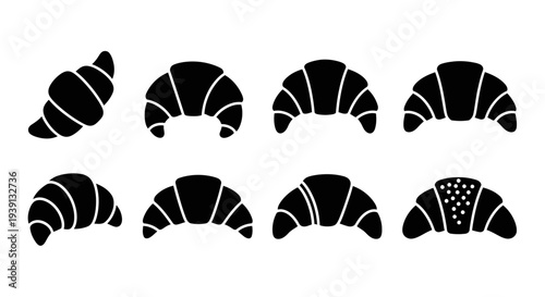 Minimal croissant silhouette vector set featuring 4 pastry branding variations including classic croissant shape, layered croissant design, circular badge emblem, and elegant side view pastry silhouet