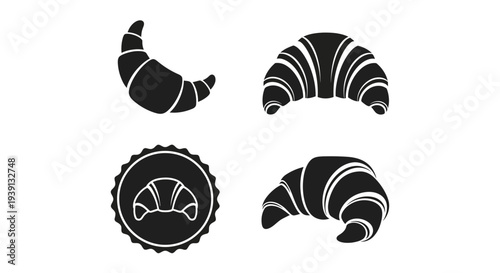 Minimal croissant silhouette vector set featuring 4 pastry branding variations including classic croissant shape, layered croissant design, circular badge emblem, and elegant side view pastry silhouet