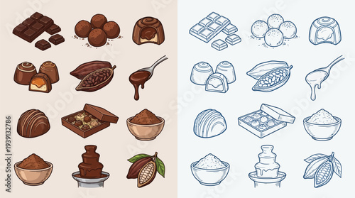 A collection of colorful and line-art illustrations depicting various chocolate products and ingredients, including bars, truffles, cocoa beans, and chocolate fountains.