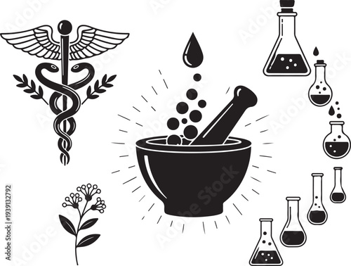 Caduceus Medical Symbol and Pharmacy Icons Set. Mortar Pestle, Laboratory Flasks, and Herbal Plant Vector Illustration.